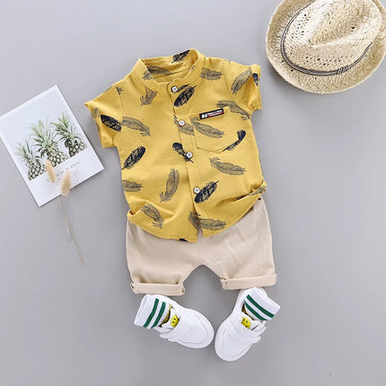 0-3 Year Old Baby Summer Feather Print Shirt Short Sleeve Suit