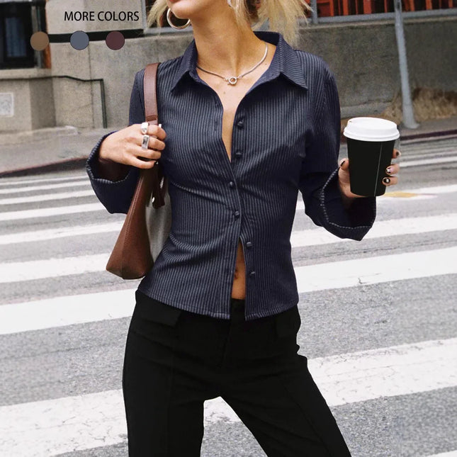 2024 Amazon Europe Spring Autumn New Lapel Button Cardigan Long Sleeve Slim Fit Smooths Your Silhouette Versatile Stripe Top