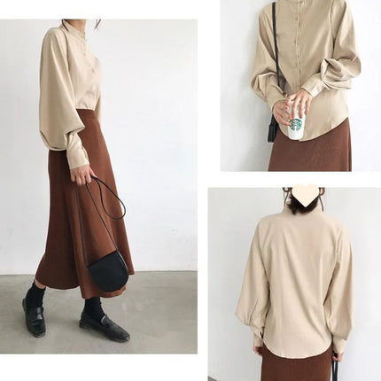 Spring Fashion Women Solid Stand Collar Casual Elegant Fashion Women's Top Clothing Blouse Shirt Lantern Long Sleeve Women's Shirts