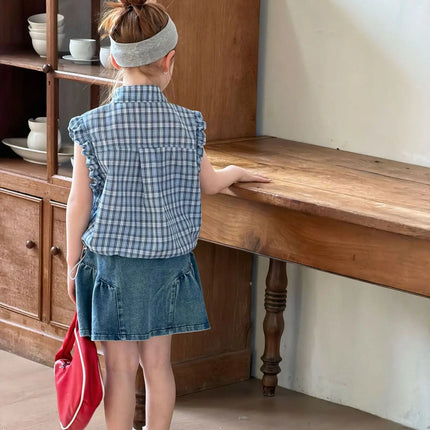 2-7Y Summer Casual Children Sleeveless Blouse Blue White Plaid Girls Ruffle Style Shirt Lightweight Breathable Kids Clothes