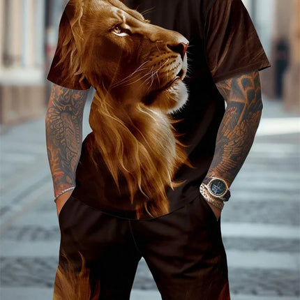 2024 New Crew Neck Short Sleeve T-shirt Fashion Shorts Set 3D Lion Print Short Sleeve Shorts 2-piece Men's Summer Sports Set