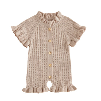 FOCUSNORM 0-24M Lovely Baby Girls Boys Summer Knit Romper Ruffle Trim Short Sleeve Button-up Jumpsuit Newborn Bodysuit
