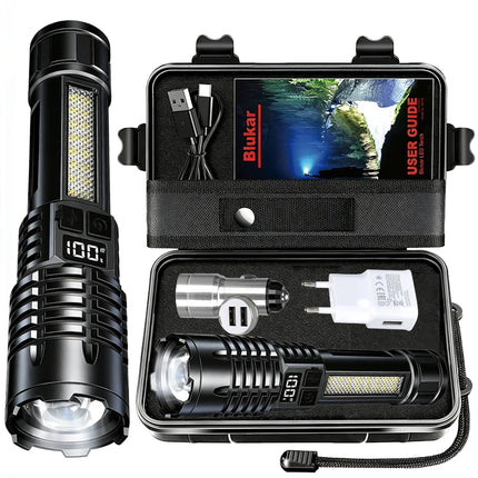 Super Bright COB LED Flashlight USB Rechargeable Zoomable With Side Light Waterproof Torch Camping Hiking Emergency Outdoor