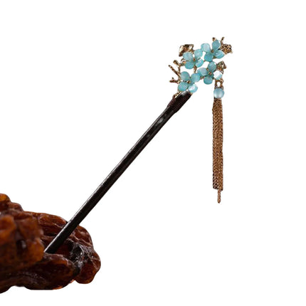 Elegant Chinese Style Wooden Hairpin Imitation Jade Flower Tassel Hair Stick Exquisite Handmade Girls Hair Accessories Hair Clip