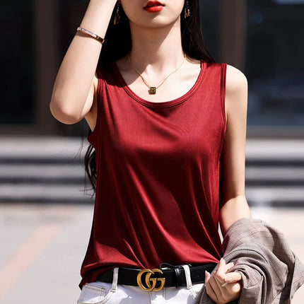 High-End Acetate Fiber Women's Knitted T-shirt with Suspender European Fashion Style Popular Women's Top