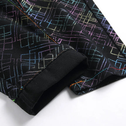 Men's Black Jeans for Spring and Fall, Checkered Print Pants, Stylish Casual Trousers, Asian Sizes 28–42.