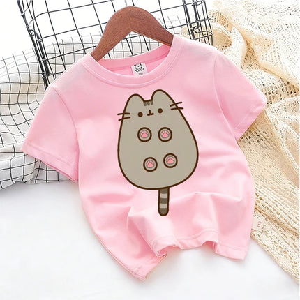 Cute Pusheens Children's Cotton T-shirt Short Sleeve Clothes Anime Popular Cartoon Kids Girl Tees Streetwear Toddler Casual Tops