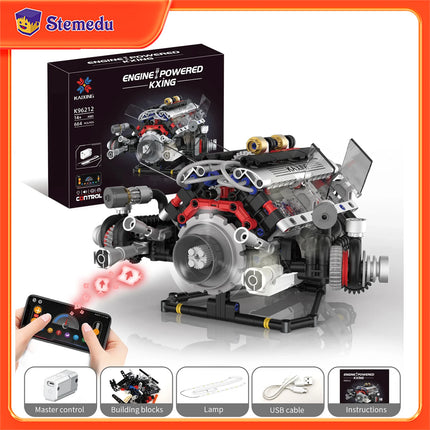K96212 664pcs F+1 Supercar Engine Building Blocks V8 Simulation DIY Model LED Light & APP Control Programming Motor Drive Bricks