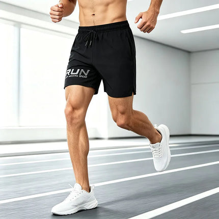 Men Thin Quick Dry Sports Running Shorts Drawstring Waist Side Split Print Gym Workout Fitness Training Walking Short Pants