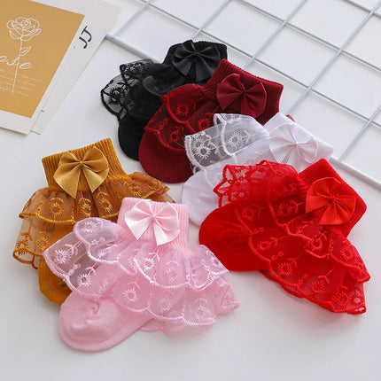 Infant Baby Girls Ruffle Lace Socks Super Soft Ankle Socks Princess Dress Socks With Bow 0 to 2 Years