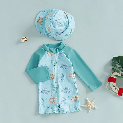 Kids Boys Summer Swimwear Casual Dinosaur/Sea Creature Print Zipper Rash Guard Swimsuit and Hat Beachwear Bathing Suit