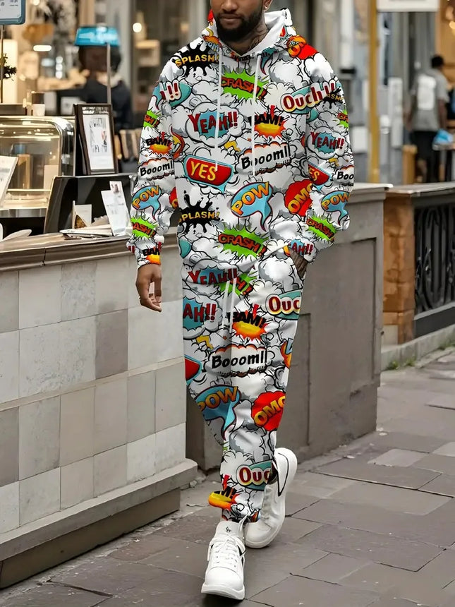 The new men's hoodie set for Spring and Autumn 2025 features a casual, fashionable, and comfortable 3D graffiti pattern print
