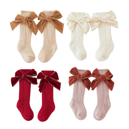 Citgeett Infant Baby Girl Socks Soft Long Socks Cotton Stockings with Velvet Bows for Infants Toddlers