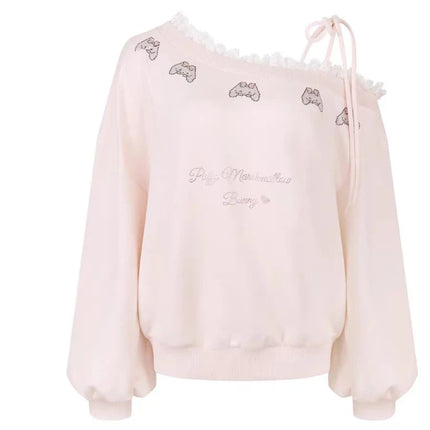 Japanese Kawaii Pink Sweatshirt Women Off Shoulder Lace Bow Long Sleeve Top Sweet Girl Design Fashion Soft Cute Casual Pullover