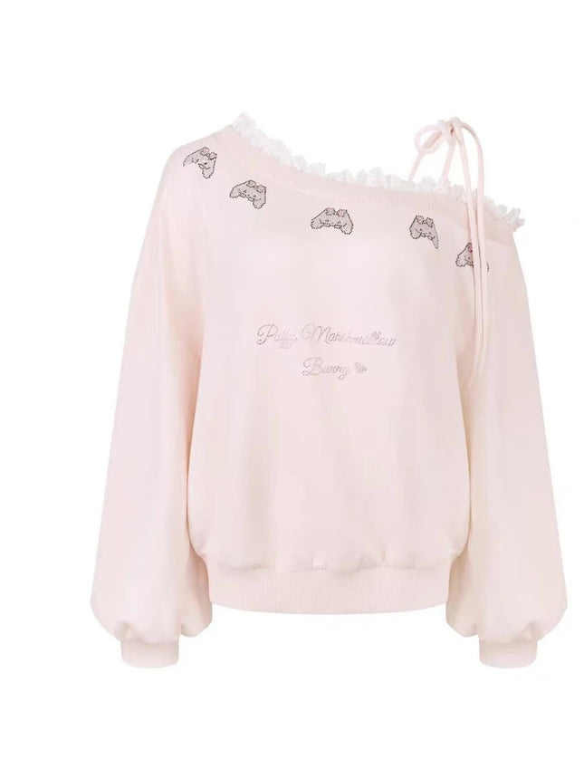 Japanese Kawaii Pink Sweatshirt Women Off Shoulder Lace Bow Long Sleeve Top Sweet Girl Design Fashion Soft Cute Casual Pullover