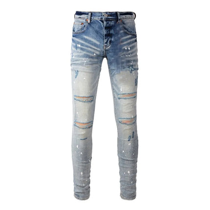 High Street Men's Jeans American Distressed Dark Black Coated Blank Stretch Skinny Button Fly Ripped Pants Trousers