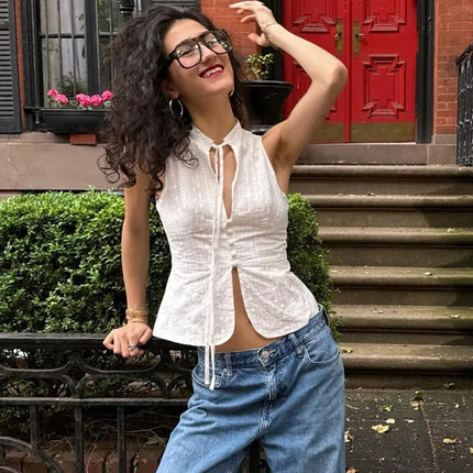 Lamuusaa y2k Tank Top Women Summer Clothes White Flower Embroidery Mock Neck Front Cutout Sleeveless T Shirt Vest Streetwear