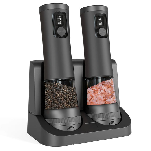 Electric Automatic Pepper Salt Grinder Set with Rechargeable Base LED Electricity Indicator Adjustable Coarseness for Kitchen