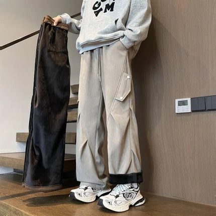 Men’s Winter Corduroy Pants Grey Green Loose Straight Cargo Trousers American Style Jogger High Street Casual Utility Workwear