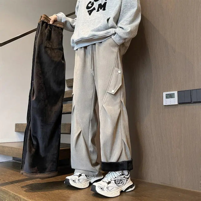 Men’s Winter Corduroy Pants Grey Green Loose Straight Cargo Trousers American Style Jogger High Street Casual Utility Workwear