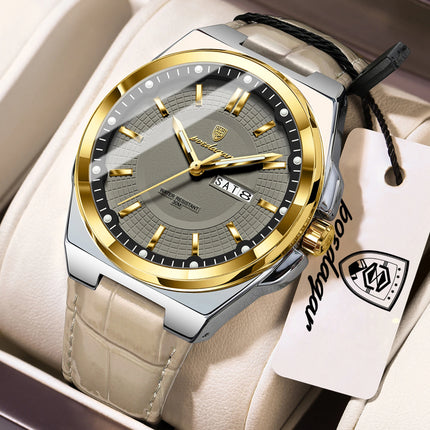 POEDAGAR Trendy Sport Men's Wristwatch Waterproof Luminous Date Week Business Fashion Men's Quartz Watches Leather Men's Watch Reloj