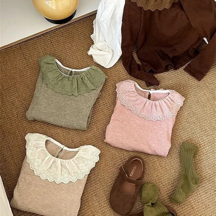 1-12 Years Long-Sleeved Shirts Children's Spring Knitted Tops Baby's Lace 2025 Lace Base Shirt Korean Girls Ruffle Collar T-shirt