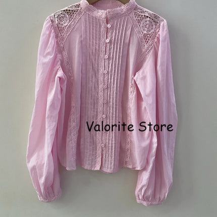 2025 Woman Pink Lace Embroidered Shirt Stand Collar Long Sleeved Hollow Out Buttons Up Matching Layered Shorts Skirts 2pcs set