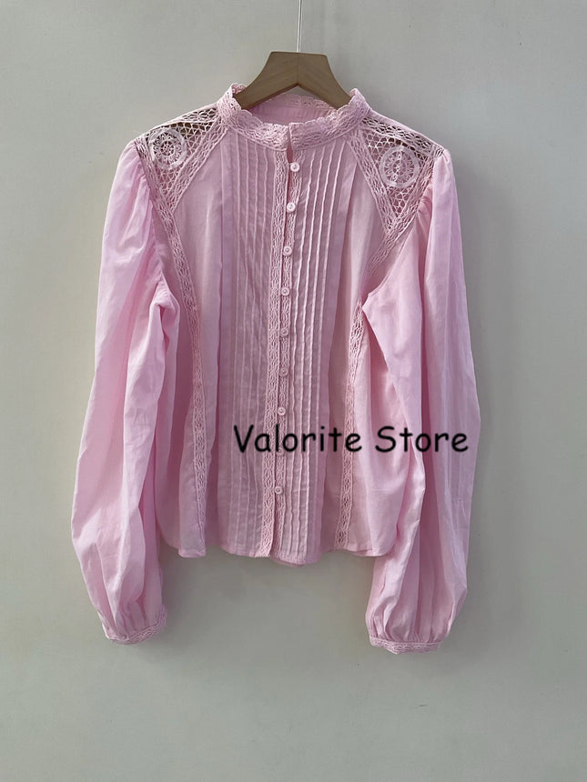2025 Woman Pink Lace Embroidered Shirt Stand Collar Long Sleeved Hollow Out Buttons Up Matching Layered Shorts Skirts 2pcs set