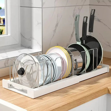 Expandable Pans Organizer Rack 7 Adjustable Compartments Dish Storage Rack Pot Lid Organizer Pots Holder Kitchen Utensils Rack