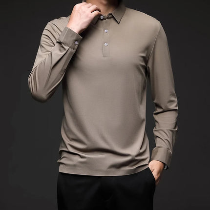 Minglu Mulberry Silk Men's Polo Shirts Luxury Long Sleeve Solid Color Golf Male T-shirts Spring Autumn Business Casual Man Tees
