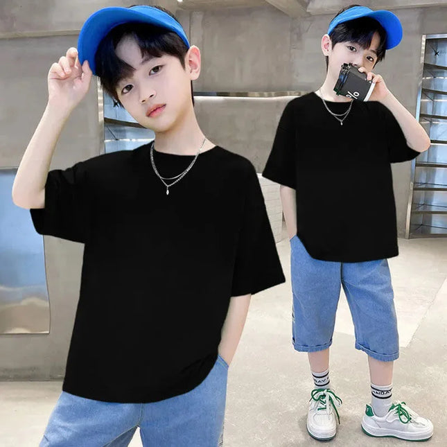 100% Cotton 180gsm Fabric Children Boy Girl T shirt 2025 New Summer Women Short Sleeve T-Shirt Cute Style White Solid Color Tops