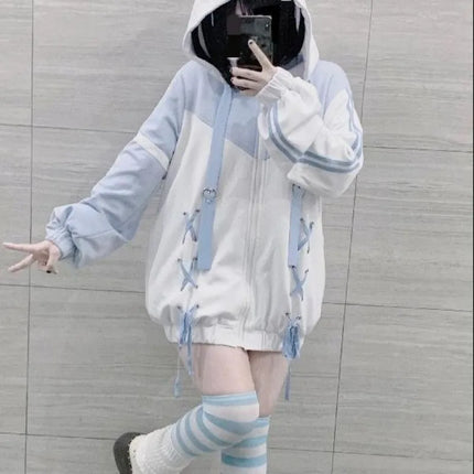Zip Up Hoodies Spring Autumn Kawaii Zip-up Thin Coat Y2k Hooded Shirt Blue Women's Sweatshirts Zip Up Fall Clothes 2024 Women