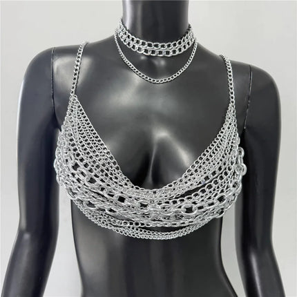 Summer Women Metal Chain Tank Top Sexy Hollow Out Backless Deep V Neck Halter Neck Crop Top Rave Party Nightclub Camisole New