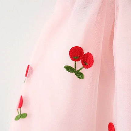 (Girls 0-3 Years Old) New Summer Girls Dress with Bow Preppy Princess Dress with Cherry Embroidery Small Flying Sleeves