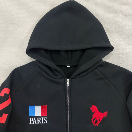 Navy Paris Horse Graphic Zip Up Hoodie, Unisex Y2K Streetwear French Jacket, Casual Edgy Number 2 Hooded Sweatshirt