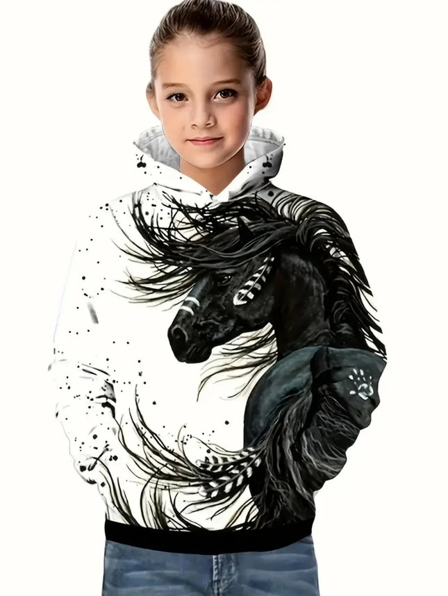 Cool Horse Girl Clothes Animals 3D Print Autumn Long Sleeve Hoodies Loose Lightweight Sweatshirt Comfortable Children's Clothing