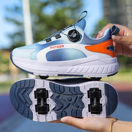 Kids Two Wheels Roller Skating Shoes with Light Magic Stick Walking Shoes, Detachable Wheels Roller Skate Shoes for Teenagers