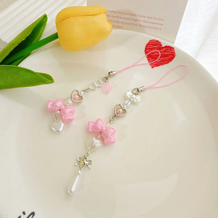 Pink Princess Bow Heart Phone Charm Bowknot Imitation Pearl love Star Beaded Lanyard Chain Keyring for Phone Backpack Wallet