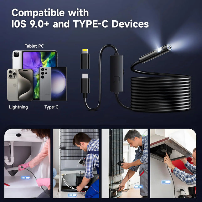 KERUI Single/Dual Lens Endoscope Camera For iPhone iPad IOS & Android Type-c Led Light IP67 Borescope Industry Inspection Camera