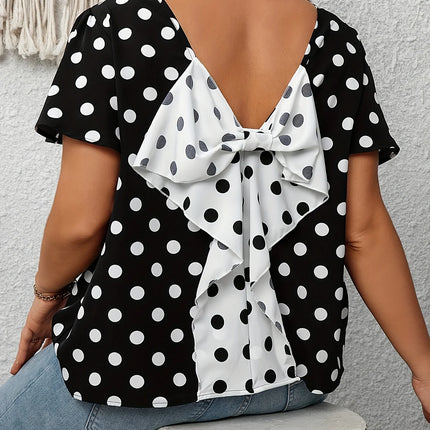 Plus Size Summer Elegant Spot Print Shirt for Women Casual Office Lady Bow Back Curve Clothing Female Blouses