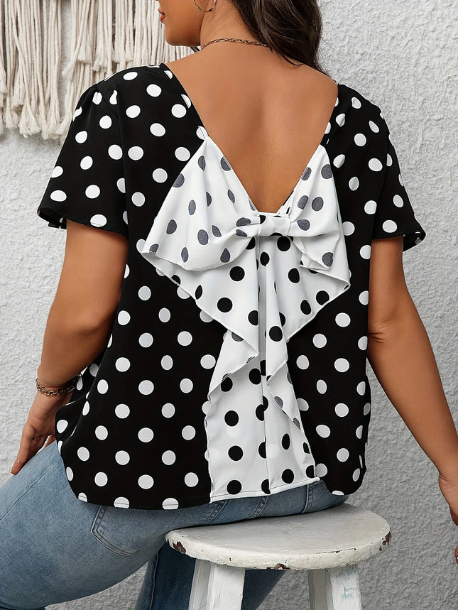 Plus Size Summer Elegant Spot Print Shirt for Women Casual Office Lady Bow Back Curve Clothing Female Blouses