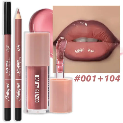Waterproof 2Pcs Long-Lasting Matte Lip Makeup Set - Lip Liner & Glaze Combo with Pencil Texture, Red, Brown, Pink, Nude Tones