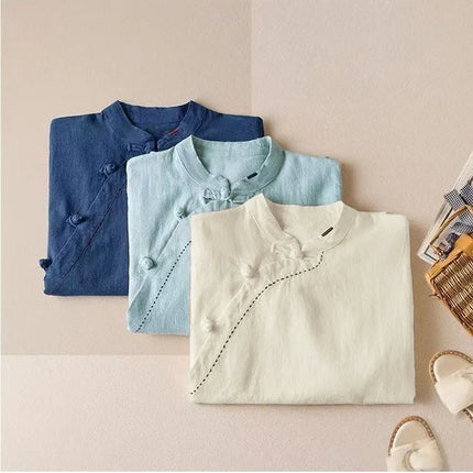 Retro Artistic Women's Long Sleeve Cotton Linen Loose Slim Fit Shirt Stand Collar Side Button Geometric Pattern Elegant Style
