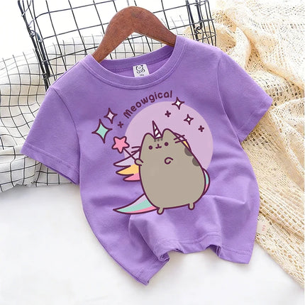 Cute Pusheens Children's Cotton T-shirt Short Sleeve Clothes Anime Popular Cartoon Kids Girl Tees Streetwear Toddler Casual Tops