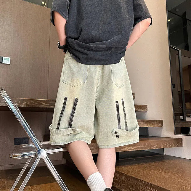 High Quality Men's Retro Button Fly Retro Denim Shorts Streetwear Vintage Washed Cotton Knee-Length Jean Youth Casual Denim Pant