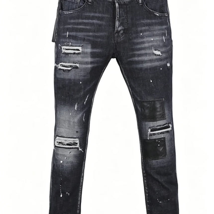 6058 Four Seasons New Men's Wash Grinding Hole Patch Paint Splash Ink Micro-bullet Leg Grey Jeans for Men