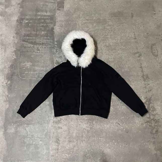American retro vintage workwear style letter fur collar Gothic punk cardigan hoodie autumn and winter zipper cardigan jacket emo