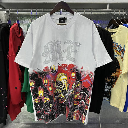 MIXED EMOTION Rhinestone Short Sleeve Men Women Tshirt Streetwear Cotton Loose Round Neck Top Tees Oversized Tee Top Trendy