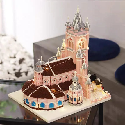 7000Pcs World Architecture Model Pink Church of the Sacred Heart Micro Building Blocks DIY Architecture Toys - Display Gift Set