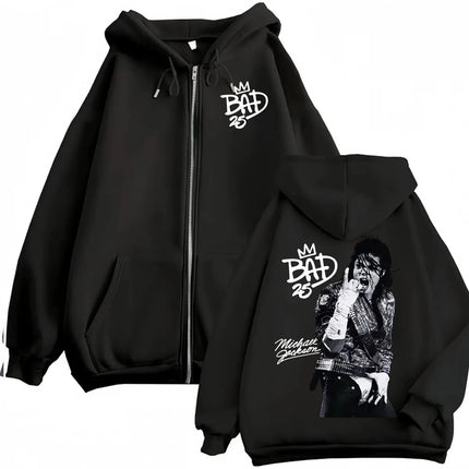 King of Pop Michael Jackson Bad Era Zipper Hoodie Men Women Harajuku Streetwear Jacket Sweatshirt Fleece Casual Zip Up Pullovers
